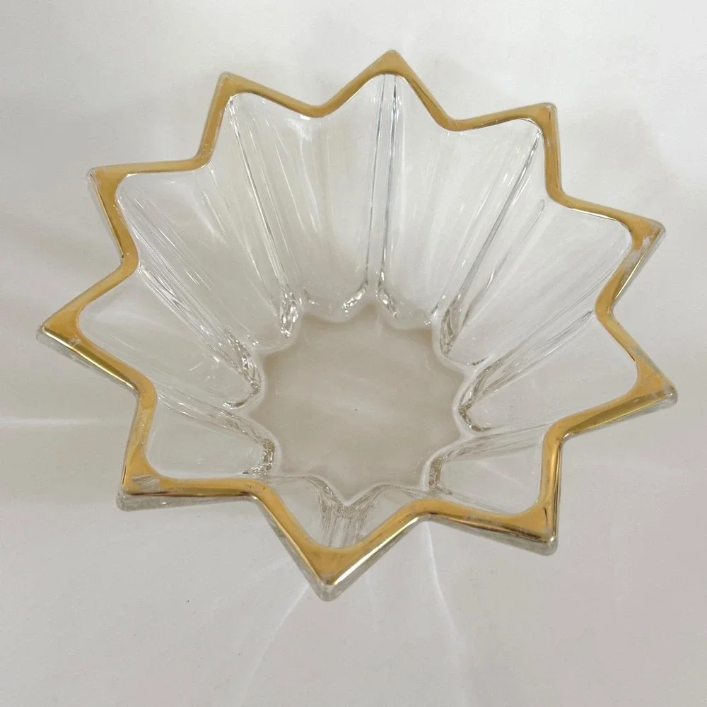 Vintage Star Starburst Glass Bowl Copper Rim Pressed Glass Candy‎ Trinket Dish